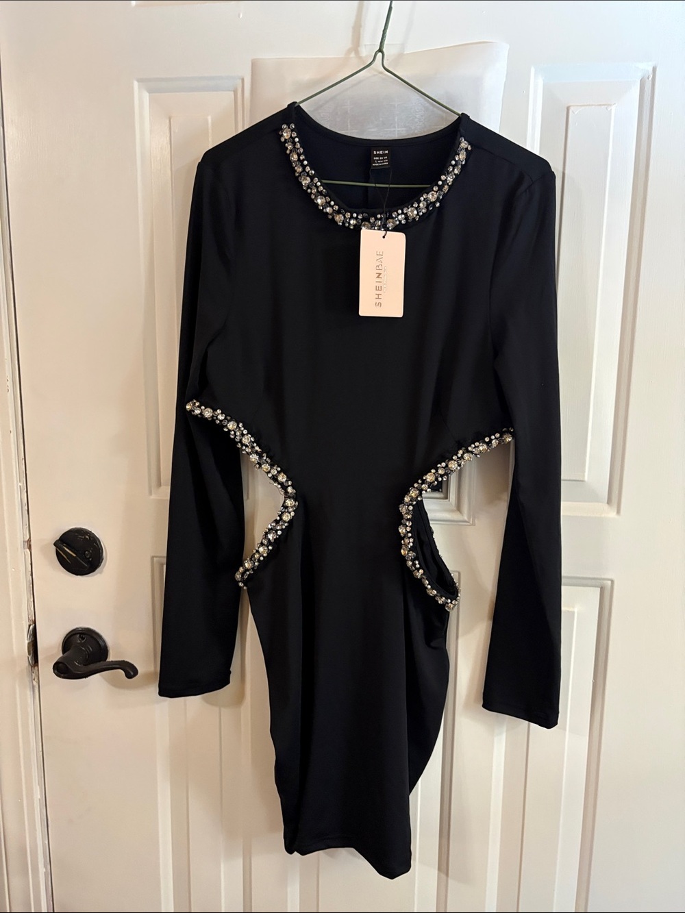 SHEIN Black Long Sleeve Cutout Bodycon Dress with Crystal Embellishment